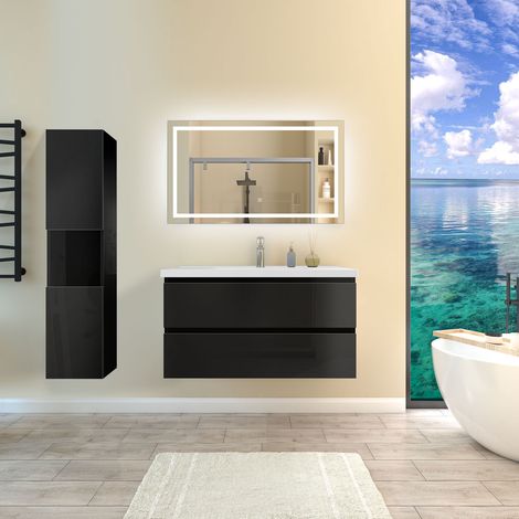 Ensemble de meubles de salle de bain Brillance Noir 100cm, Vasque Céramique + 131.5cm Colonne + Miroir Lumineux avec 3 Couleurs