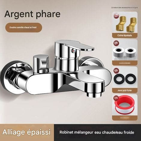 Robinet de Douche à Double Sortie en Alliage d Zinc Argenté, Vanne de Mélange Eau Chaude/Froide pour Salle de Bain (1/2)