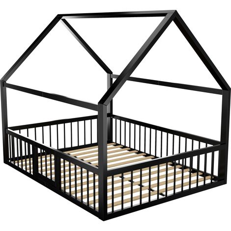 Letto casetta in metallo nero 140 x 200 cm con sponde, struttura letto per bambini (1/5)
