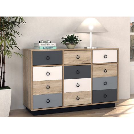 Commode KRYPTON - 3 tiroirs et 3 portes - Coloris : chêne, blanc et gris (1/3)