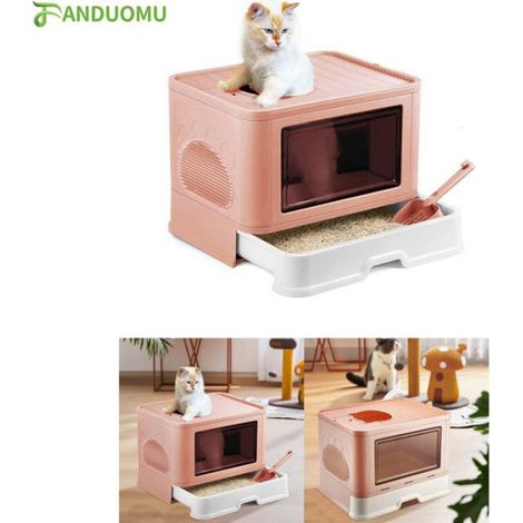 Bac à litière pliable pour chat - HSTURYZ - Très grand espace - Rose (1/3)