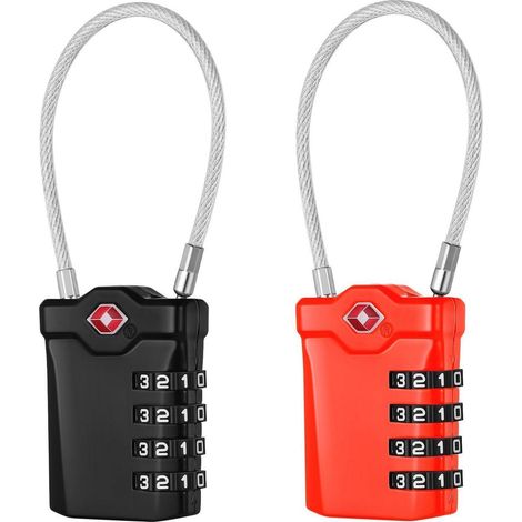 TSA Zahlenschloss mit 4-stelligem Code, Kabelschloss für Gepäck, 2 Stück (Schwarz/Rot)