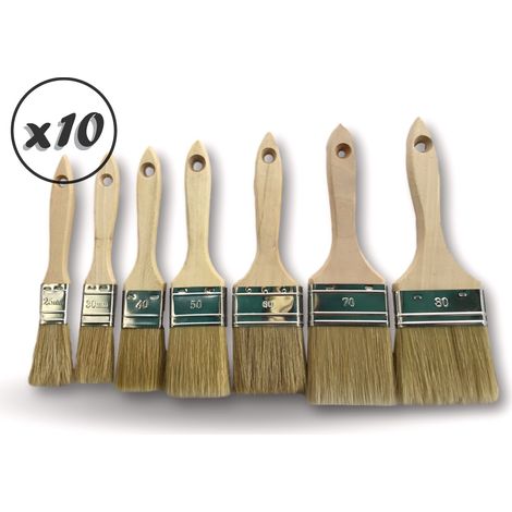 Assortiment de 7 pinceaux à vernir série pro épaisse Lot de 10 Largeurs 25-30-40-50-60-70-80 mm Soie blanche extra Manche bois Multi support Peinture vernis lasure Kibros 323x7divx10