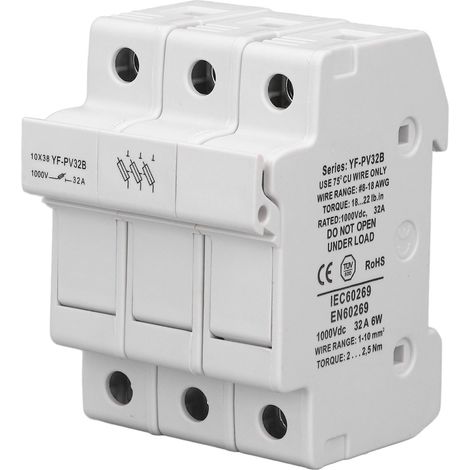 Porte-fusible 3 pôles sur rail DIN, base fusible série photovoltaïque DC1000V 32A 6W, protection pour montage sur rail. (1/5)