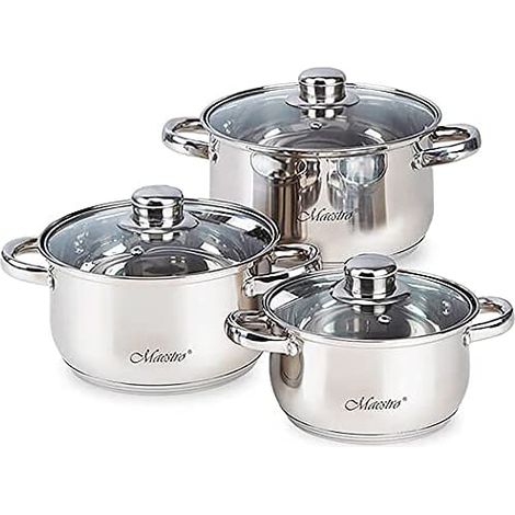 Maestro MR-2020-6M Kochgeschirr de Edelstahl-Kochgeschirr, 6-teilig, Induktion, 3 Pfannen, 3 Deckel de Glas, geeignet für alle Herdarten de, spülmaschinenfest (1/5)