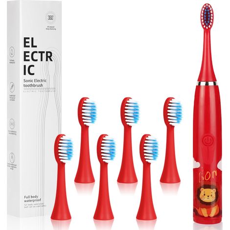 Brosse à Dents Électrique Enfants, Alimentation par batterie  Nettoyage Brosse à Dents , Ultra-sileucieux Poils doux, IPX6 Étanchéité 6 Têtes Brosse Pour Filles Et Garçons,Lion Rouge (1/5)