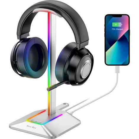Support pour casque gaming RGB Z8 – Support pour casque avec port USB-C – Charge 2 appareils simultanément – Support de casque lumineux – Universel pour le gaming et le bureau (argent) (1/5)