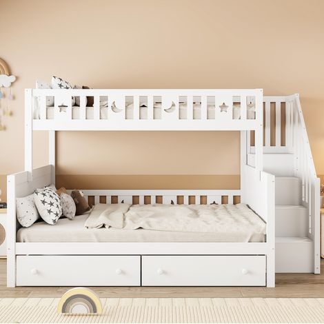 Lit enfant superposé 90 x 200 / 140 x 200 cm avec escalier de sécurité, 2 tiroirs, blanc HAVRYA (1/5)