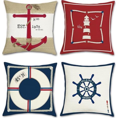 Nautical Cushion Cover 45 x 45 cm Anchor Lighthouse Red Navy Blue Decorative Pillowcase for Sofa Living Room Bedroom Home Outdoor Decoration