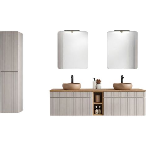Set ICON: mobile sottolavabo 180cm con nicchie visibili + 2 lavabi rotondi da appoggio + 2 specchi + 2 lampade LED + colonna
