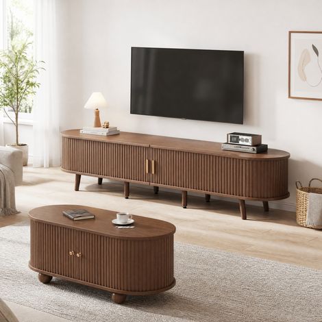 Ensemble meuble TV et table basse 170x50x42 cm en MDF noyer, rangement intégré pour salon – MEUBLIV