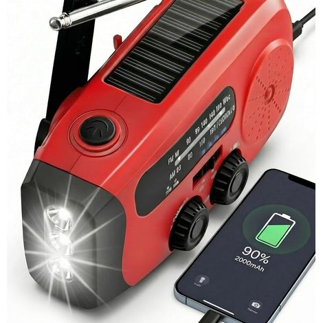 Radio Portable d'urgence à Manivelle, 3 Lampes LED, Alarme SOS, Power Bank 2000mAh, Camping en Plein Air, Prévention d'urgence à la Maison, Rouge (1/5)
