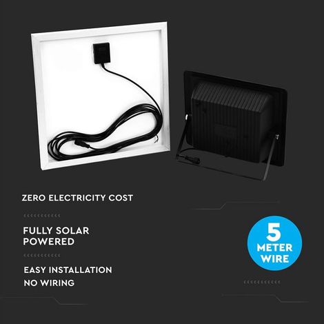 Projecteur LED V-TAC avec télécommande, panneau solaire 20 W, LiFePO4, minuterie, câble 5 m, blanc froid, noir, IP65