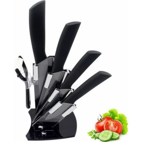 Couteaux Cuisine Céramique - 6 Pièces - Lames Oxyde de Zirconium - Pour Fruits Légumes Viande - Set Complet avec Support (1/4)