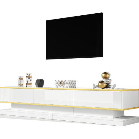Ensemble moderne de meuble TV et table basse blanc brillant, meuble TV à 3 tiroirs, table basse à 2 tiroirs, finitions dorées (1/5)