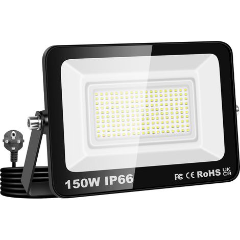 150W Projecteur Exterieur led, 15000LM Spot LED Extérieur avec Prise, 6000K Blanc Froid Eclairage Exterieur IP66 Imperméable lumière de Sécurité pour Jardin, Patio, Cour, Garage, Entrée