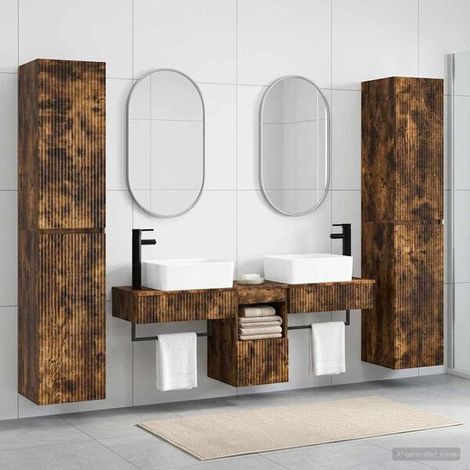 Ensemble Salle De Bain 5 Pièces Chêne Fumé, Bois D'ingénierie, Mural, Tiroirs (1/4)