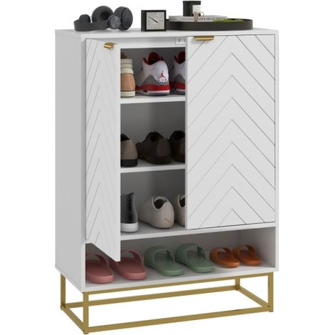 Stylish Shoe Cabinet with Chevron Pattern for Entryway, Adjustable Shelves, Holds 12 Pairs, Durable MDF with Steel Base, Wall Safe.