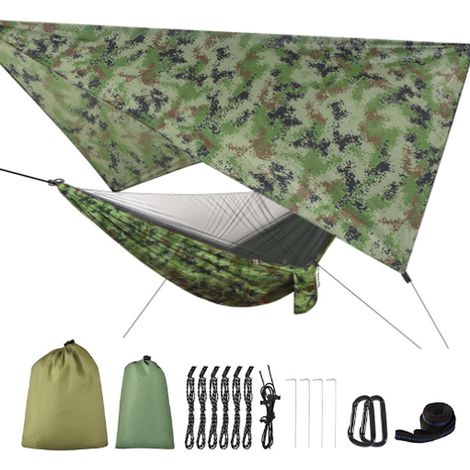 Tente-hamac camouflage, moustiquaire intégrée, toit anti-UV, sac de transport, usage jardin/maison, accessoires inclus (1/5)