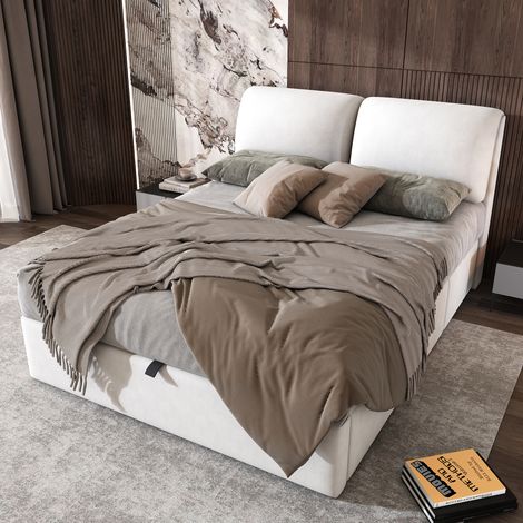 Cadre de lit en velours beige 140x190 cm, sommier relevable hydraulique avec coffre de rangement intégré et 3 tiroirs, sommier à lattes incluant tête de lit, matelas non fourni