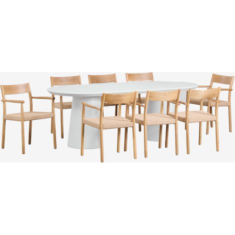 SKLUM Set aus ovalem Tisch 220x95 cm in Zement Noemi und 8 Esszimmerstühlen aus Eichenholz und geflochtener Schnur Mara                                   