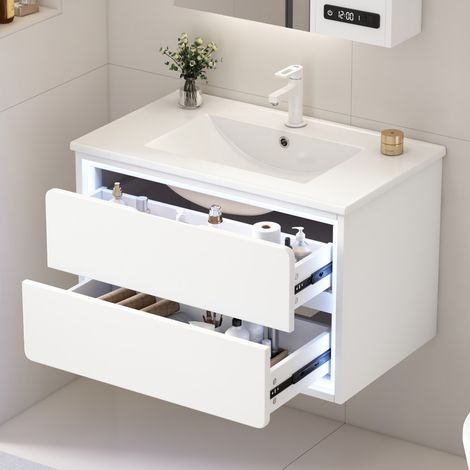 Mueble de baño suspendido - 76 x 46 x 48,5 cm - LED con sensor de radar - 2 cajones silenciosos - Lavabo de cerámica - Blanco lacado