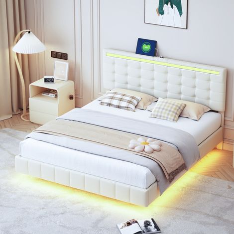 Lit double rembourré 160x200, lit Flottant avec Jambes cachées, Tête de élastique Réglable en Hauteur, cadre de lit avec LED et 2 USB, 2 Personnes à Deux Places, beige, lin, sans matelas (1/5)
