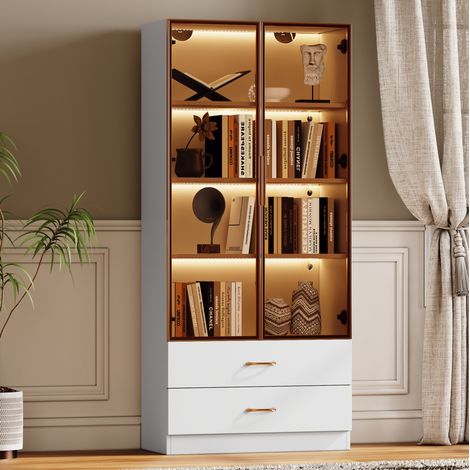 Mobile bagno moderno bianco in MDF, 75 cm, con 2 cassetti, 2 ante, vani aperti e anta in vetro (1/5)