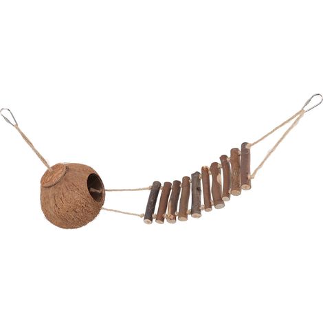 Nido de pájaro de cáscara de coco con escalera para trepar, casa colgante natural para loros y periquitos. (1/5)