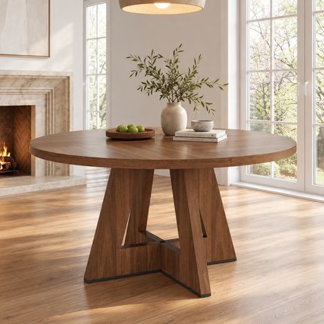 Table à Manger Ronde 4 à 6 Personnes 120 cm en MDF Effet Noyer pour Cuisine et Salon (1/5)