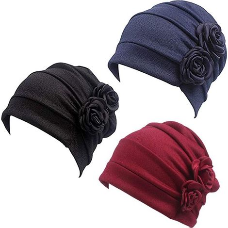 Dreiteiliges Chemotherapie-Stirnband-Set – Kopfbedeckung – Chemotherapie-Kappe – Einheitsgröße – Polyester – Schwarz + Rot + Cyan (1/5)