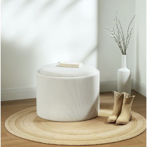Pouf coffre rond 56x56x42 cm crème avec couvercle, polyester, rangement intégré MEUBLIV (1/5)