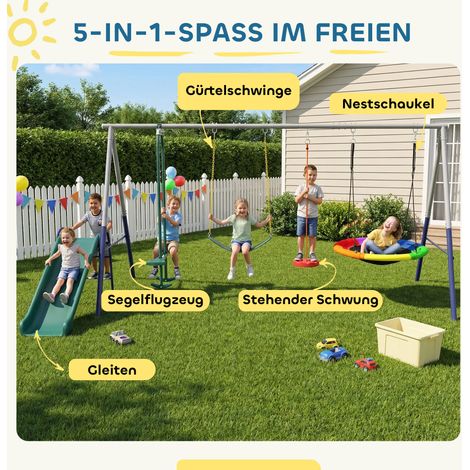 Portique 5 en 1 avec toboggan, hauteur ajustable, balançoire nid, 382 x 196 x 203 cm, multicolore