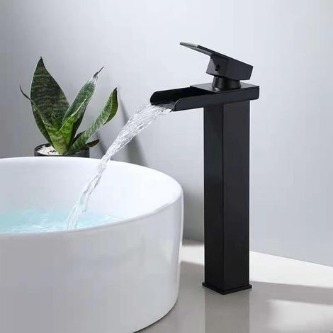Grifo de baño AIDUCHO negro mate con efecto cascada, grifo mezclador de lavabo con efecto cascada alto, grifo de lavabo con caño alto, grifo de lavabo cuadrado de latón para encimera, agua fría y cali