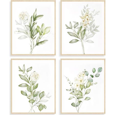 Set di 4 poster botanici ad acquerello color verde salvia per camera da letto o bagno, 20x25 cm, senza cornice. (1/5)