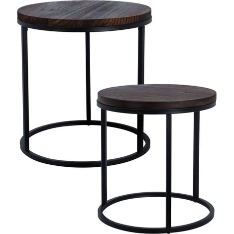 Couchtischen mit Paulownia-Holzplatte, Metallgestell, Ø 43 cm, Ø 38 cm, 2er-Set