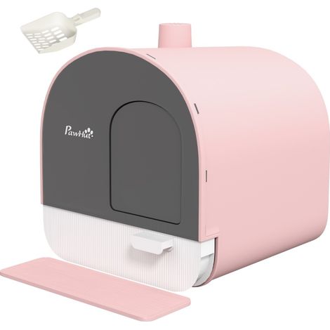 Litière fermée pour chat avec couvercle, pelle et tapis anti-poussière en plastique rose/noir (1/5)