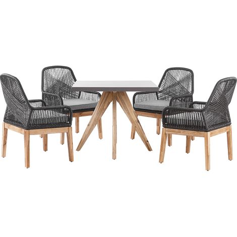 Conjunto de comedor para jardín cemento reforzado de madera gris claro para 4 personas mesa cuadrada sillas negras diseño moderno Olbia