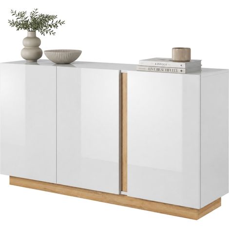 Credenza Hala, Madia 3 Ripiani, Apertura Battente, 3 Ante, 138x40x91h cm Bianco Lucido