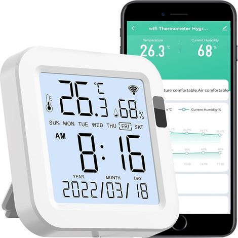 WiFi Temperature Humidity Monitor: Upgraded Smart Temperature and Humidity Sensor with Large Backlit LCD Screen & App Alerts, Indoor Thermometer Hygrometer Compatible with Alexa Google Assistant (1/4)