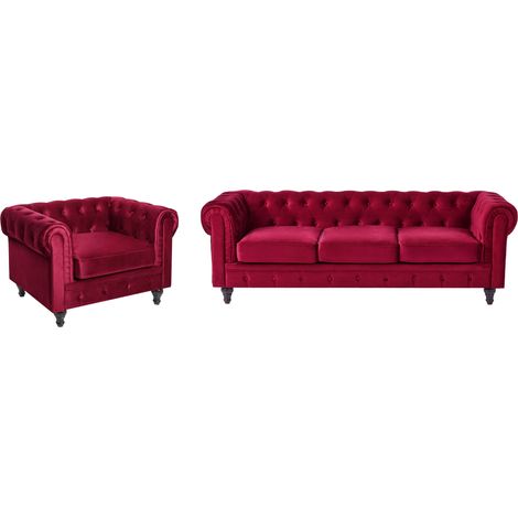 Conjunto de salón Chesterfield tapizado en tela de terciopelo rojo sofá 3 plazas + sillón patas de madera oscura estilo contemporáneo Chesterfield (1/5)
