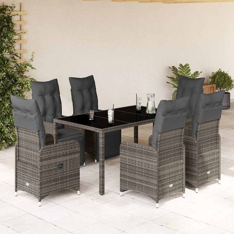 7-tlg. Garten-Bistro-Set mit Kissen Grau Poly Rattan (1/5)
