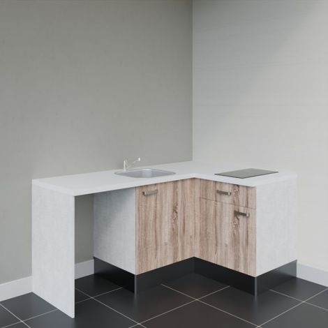 Kitchenette d'angle KA01L-PT avec plan de travail et évier Façade Bois - Plan Blanc - Evier