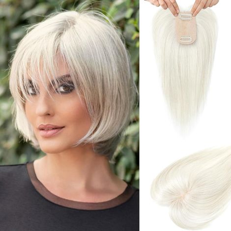 Postiches en Vrais Cheveux Humains pour femmes, Frange à Clipser de 25,4 cm en Cheveux Humains 100% pour Cheveux Clairsemés, Pièces Capillaires de Couverture avec Base en Soie Densité 150% (1/5)