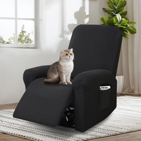 Housse pour Fauteuil Relax Electrique, 4 Pièces Housse de Fauteuil Extensible, Housse de Fauteuil 1 Place, Protege Fauteuil avec Protège-Accoudoirs et Poche (Noir) (1/5)