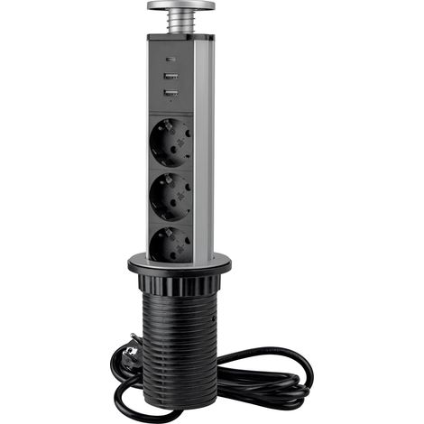 Emuca Multiconector extraíble Vertikal, 3 enchufes tipo Schuko, 2 USB tipo A, 1 USB tipo C, Plástico y Aluminio, Gris metalizado