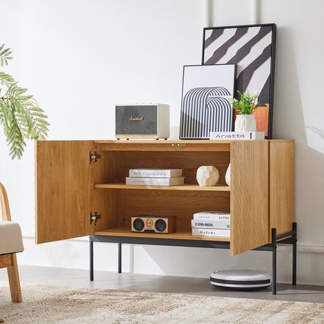Buffet 2 portes avec pieds en métal, commode design lignes, rangement salon, dimensions H 75 x L 100 x P 40 cm, meuble TV ou vaisselier moderne. (1/5)
