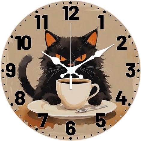 Horloge Murale Ronde à Motif de Café 12(5) cm sans Tic Tac Motif Chat Noir à Piles pour Chambre Salon Cuisine Bureau (1/5)