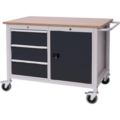 Établi L1250 x P750 x H935 mm, en hêtre Multiplex gris clair, 3 tiroirs, 1 porte (1/2)