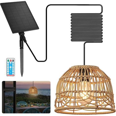 LED Lampe Solaire Extérieur Intérieur Suspendue Luminaire Suspension Solaire Rotin avec Télécommande Lustre Dimmable IP65 Étanche, pour Jardin Maison Pergola Garage Cabanon (Avec Câble de 5M)